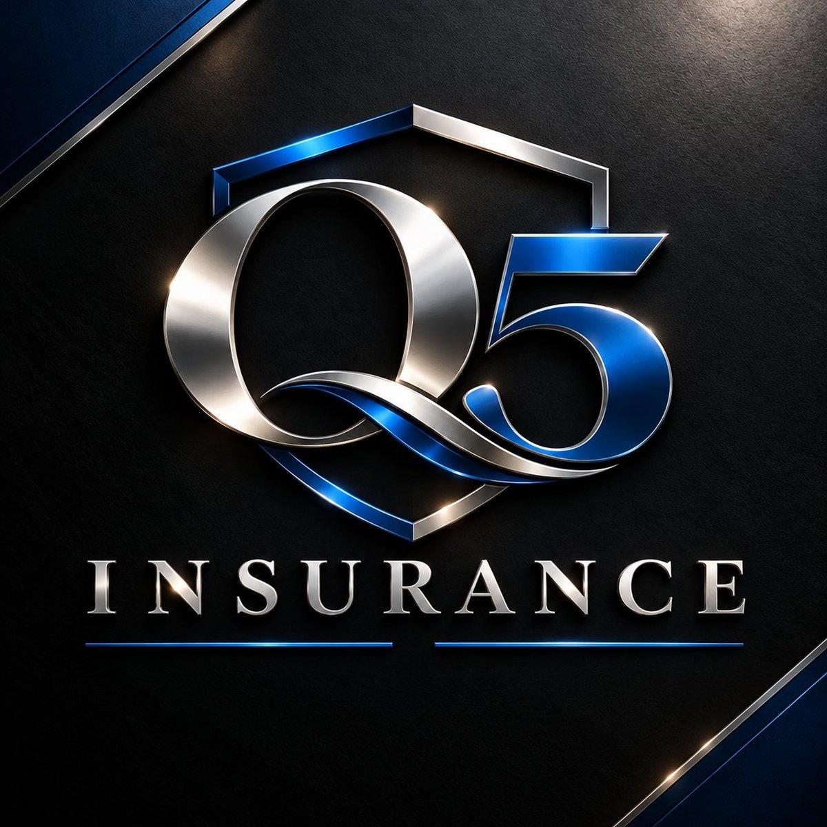 Q5 Insurance logo with silver metallic numbers and blue geometric design elements on dark background